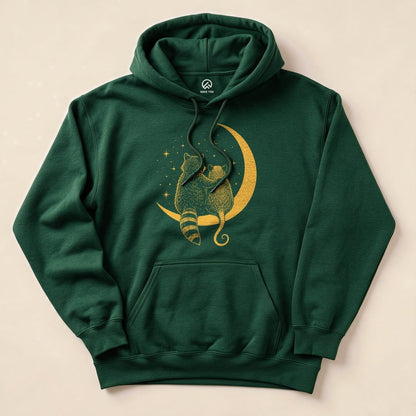 Forest Green Raccoon Possum Moon Hoodie with a raccoon and possum sitting on a crescent moon graphic