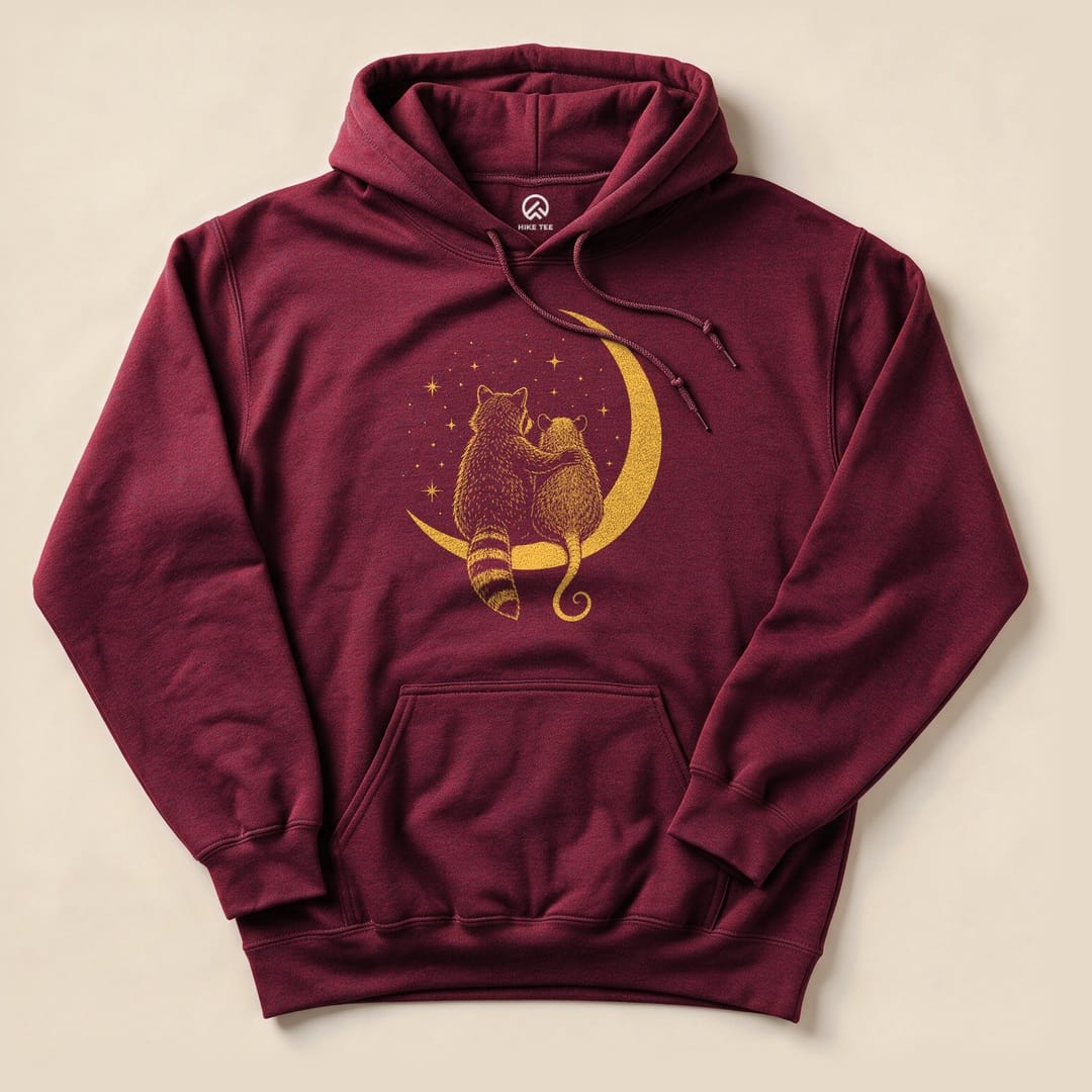 Maroon Raccoon Possum Moon Hoodie with a raccoon and possum sitting on a crescent moon graphic