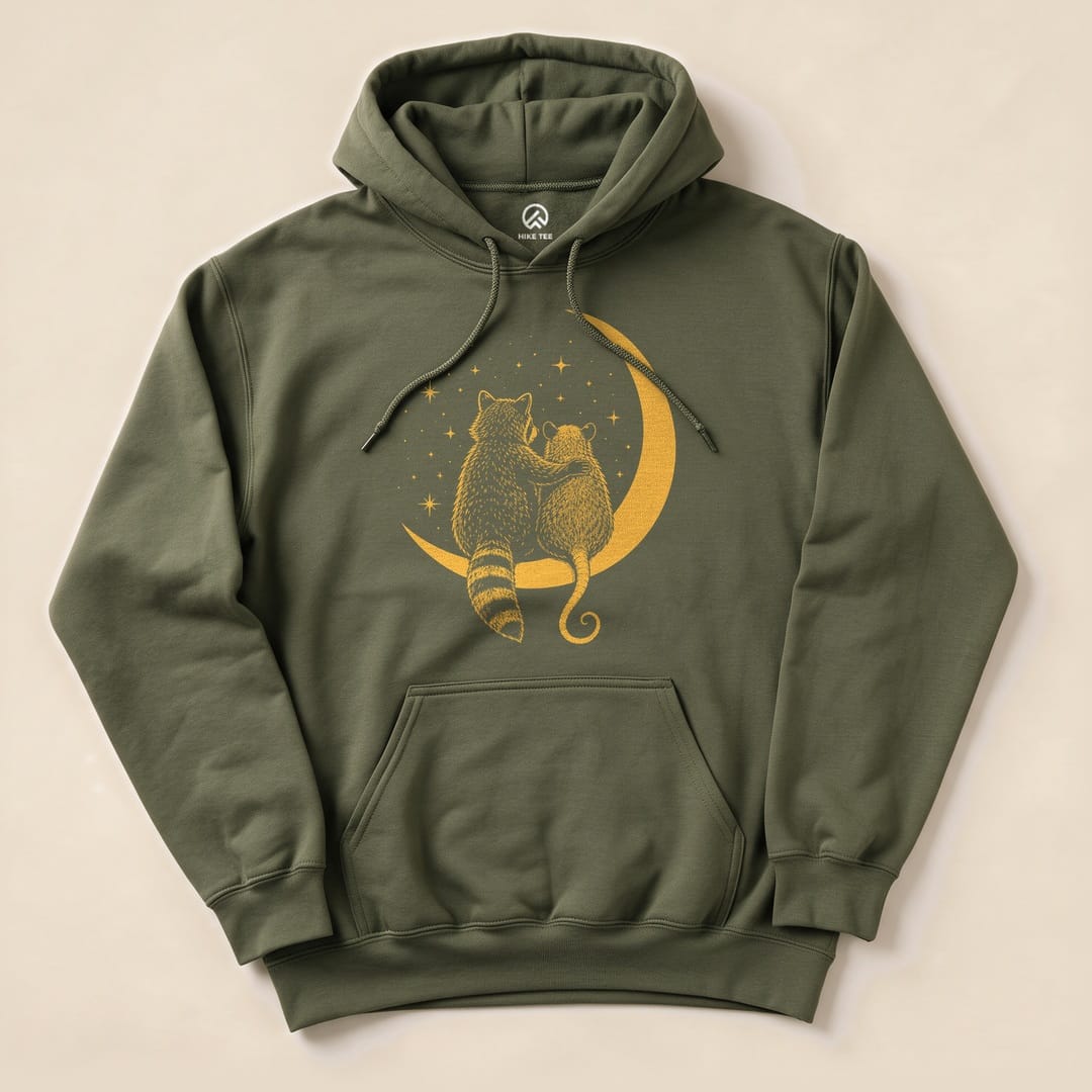 Military Green Raccoon Possum Moon Hoodie with a raccoon and possum sitting on a crescent moon graphic