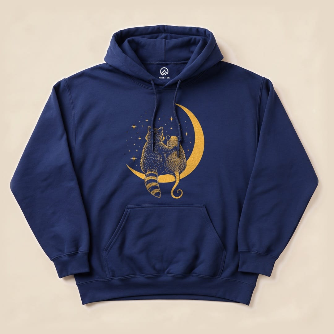 Navy Raccoon Possum Moon Hoodie with a raccoon and possum sitting on a crescent moon graphic