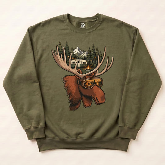 A graphic Rad Moose Sweatshirt features a moose wearing sunglasses, framed by mountains, trees, and a camper, on an olive background.