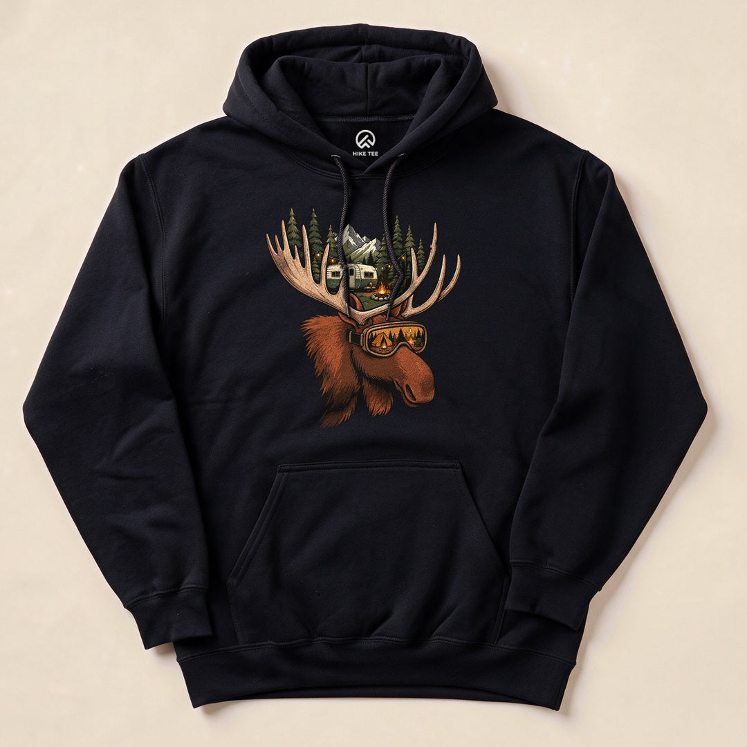A navy blue "Rad Moose Hoodie" features a whimsical moose graphic with sunglasses, surrounded by a forest and mountains.