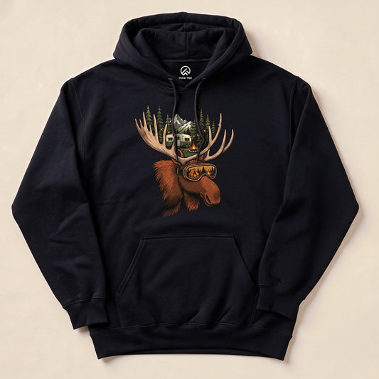 A navy blue "Rad Moose Hoodie" features a whimsical moose graphic with sunglasses, surrounded by a forest and mountains.