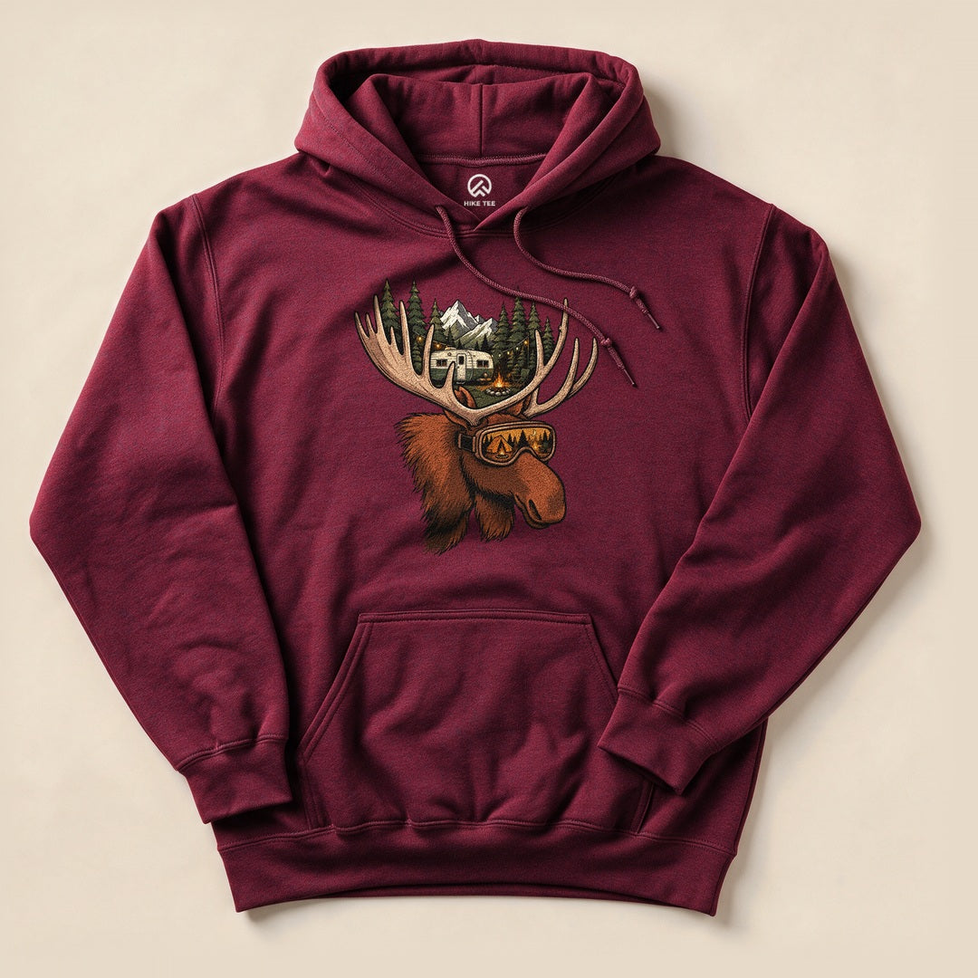 A maroon Rad Moose Hoodie featuring a graphic of a moose wearing sunglasses with a scenic forest and mountains in the background.