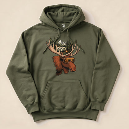 The graphic hoodie features a moose wearing sunglasses, surrounded by mountains and a camper, showcasing the Rad Moose Hoodie design.