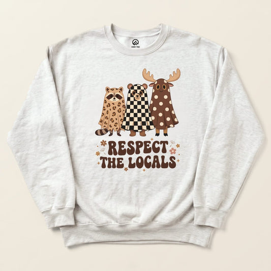 Ash Respect the Locals Ghosts Sweatshirt with three ghost-costumed forest animals and Respect the Locals lettering graphic
