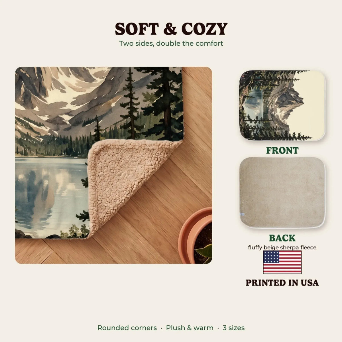 Soft and cozy sherpa blanket, printed in the USA