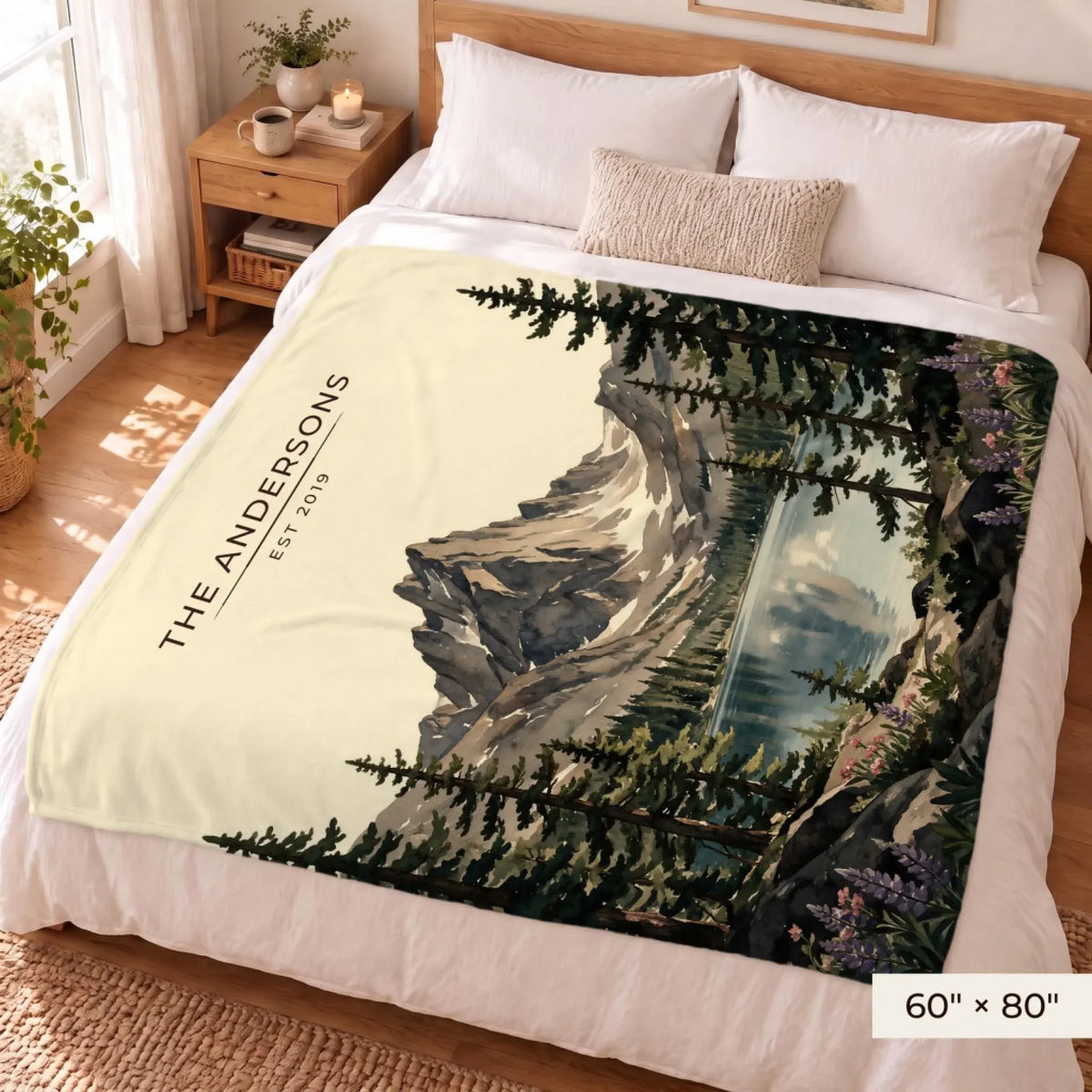 Rocky Mountain Dream Lake Sherpa Blanket 60x80 on a queen bed