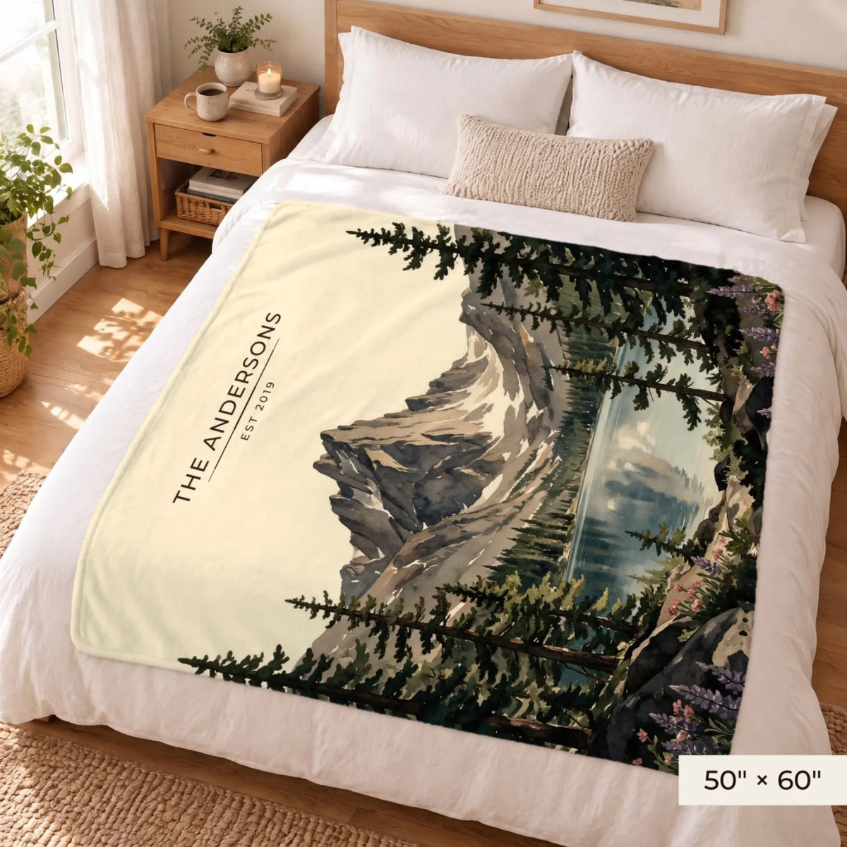 Rocky Mountain Dream Lake Sherpa Blanket 50x60 on a queen bed