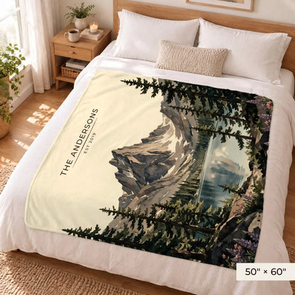 Rocky Mountain Dream Lake Sherpa Blanket 50x60 on a queen bed