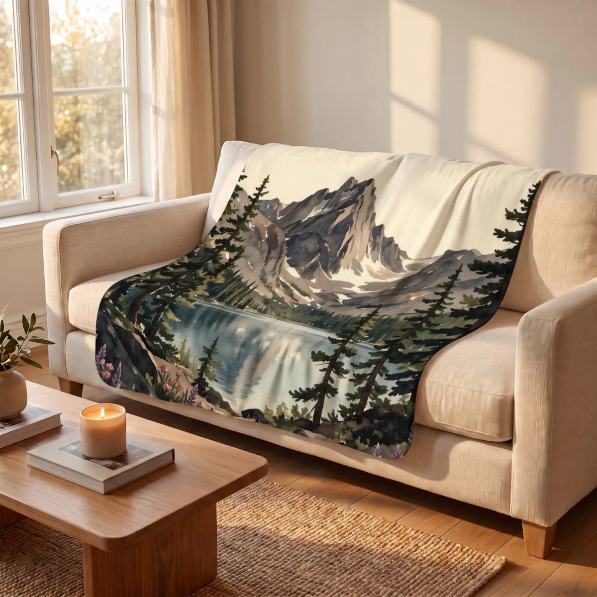 Rocky Mountain Dream Lake Sherpa Blanket draped over a sofa