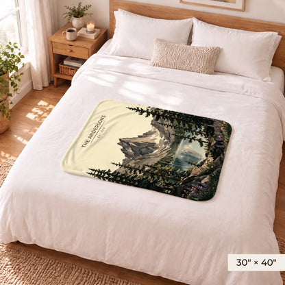 Rocky Mountain Dream Lake Sherpa Blanket 30x40 on a queen bed
