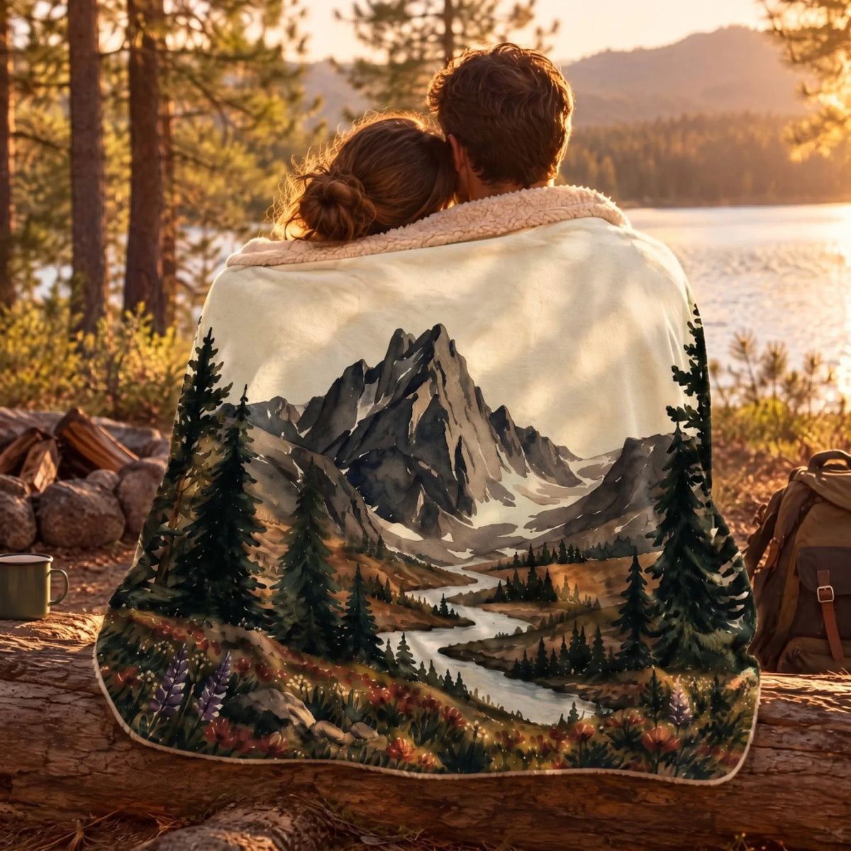 Couple wrapped in the Rocky Mountain Dream Lake Sherpa Blanket by a lake