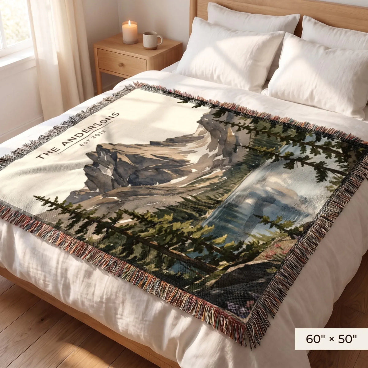 Rocky Mountain Dream Lake Woven Blanket 60x50 on a queen bed