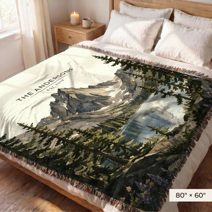 Rocky Mountain Dream Lake Woven Blanket 80x60 on a queen bed