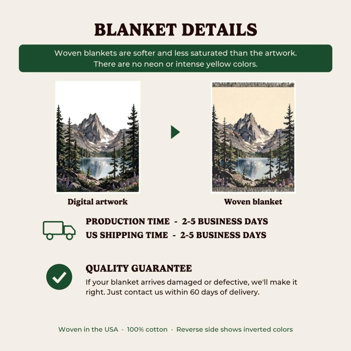 Woven blanket details, production time and quality guarantee