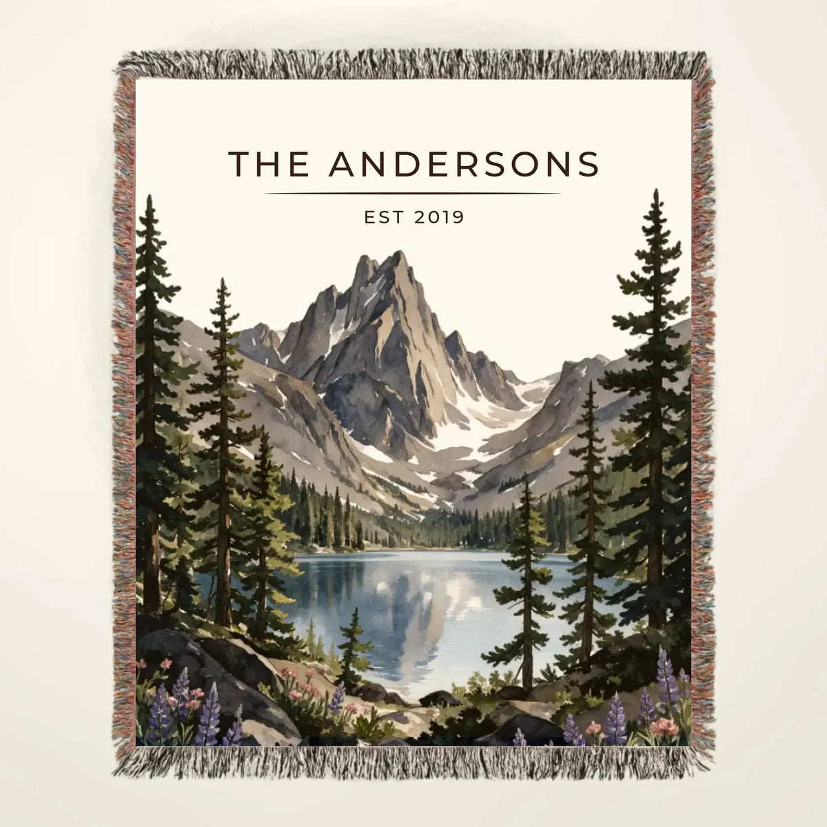 Personalized Rocky Mountain Dream Lake Woven Blanket with family name