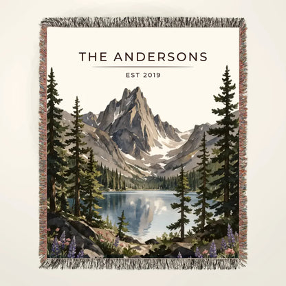 Personalized Rocky Mountain Dream Lake Woven Blanket with family name