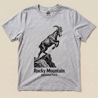 Gray graphic t-shirt featuring a leaping mountain goat and the text "Rocky Mountain National Park Shirt" below.