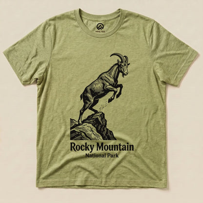 A graphic t-shirt featuring a leaping goat and text that reads "Rocky Mountain National Park" in a rugged design.