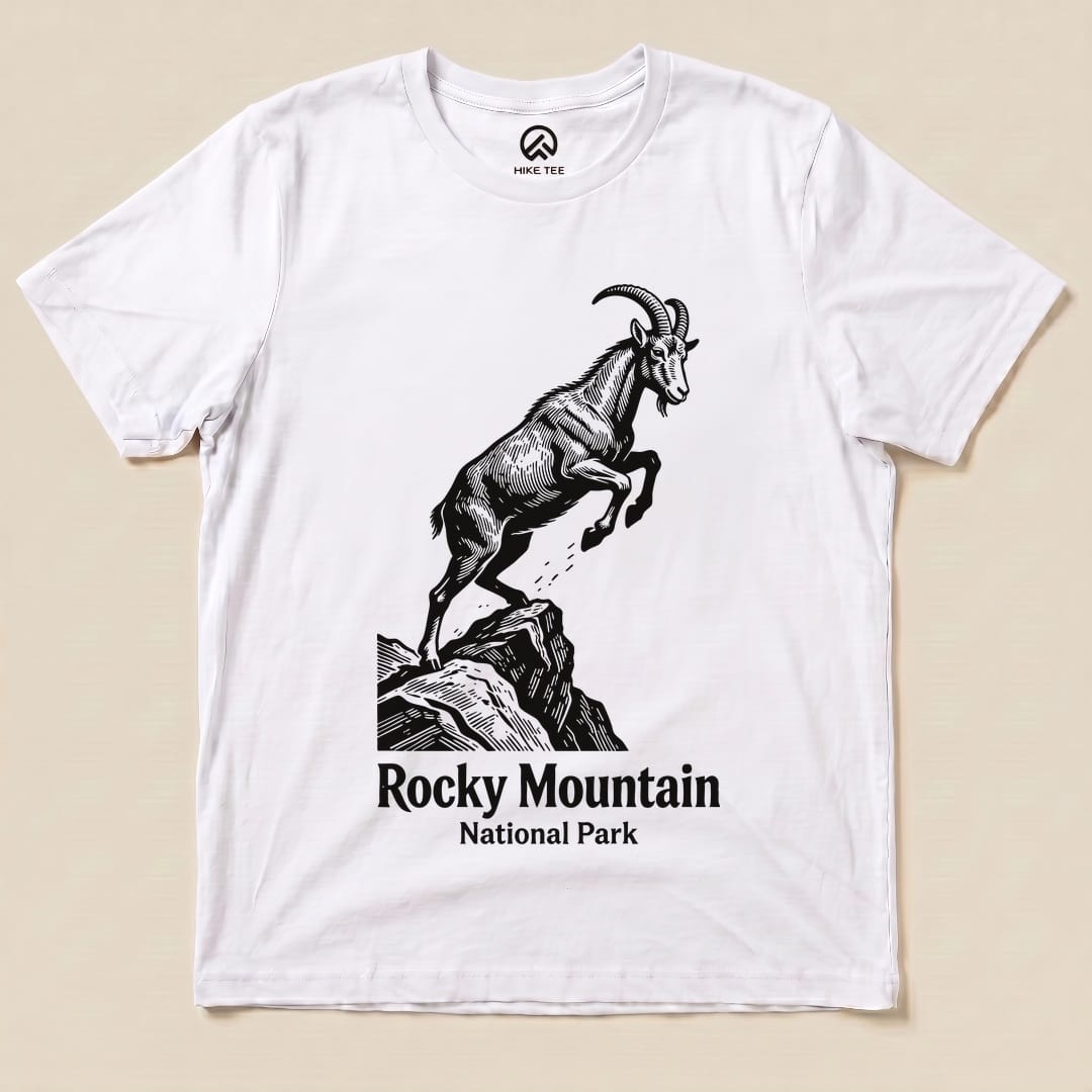 A white graphic t-shirt features a leaping goat design with the text "Rocky Mountain National Park" below.