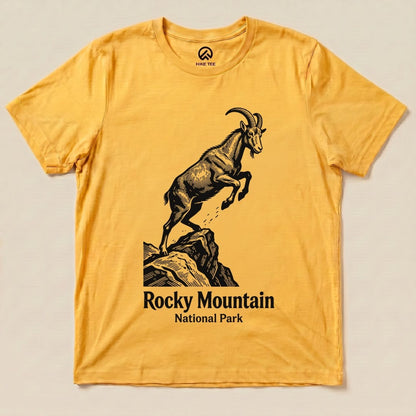 A yellow graphic t-shirt features a leaping mountain goat design and the text "Rocky Mountain National Park Shirt.