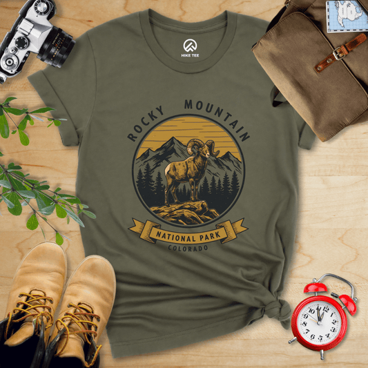 Hike Tee T-Shirt Military Green / S Rocky Mountains Bighorn Sheep Shirt