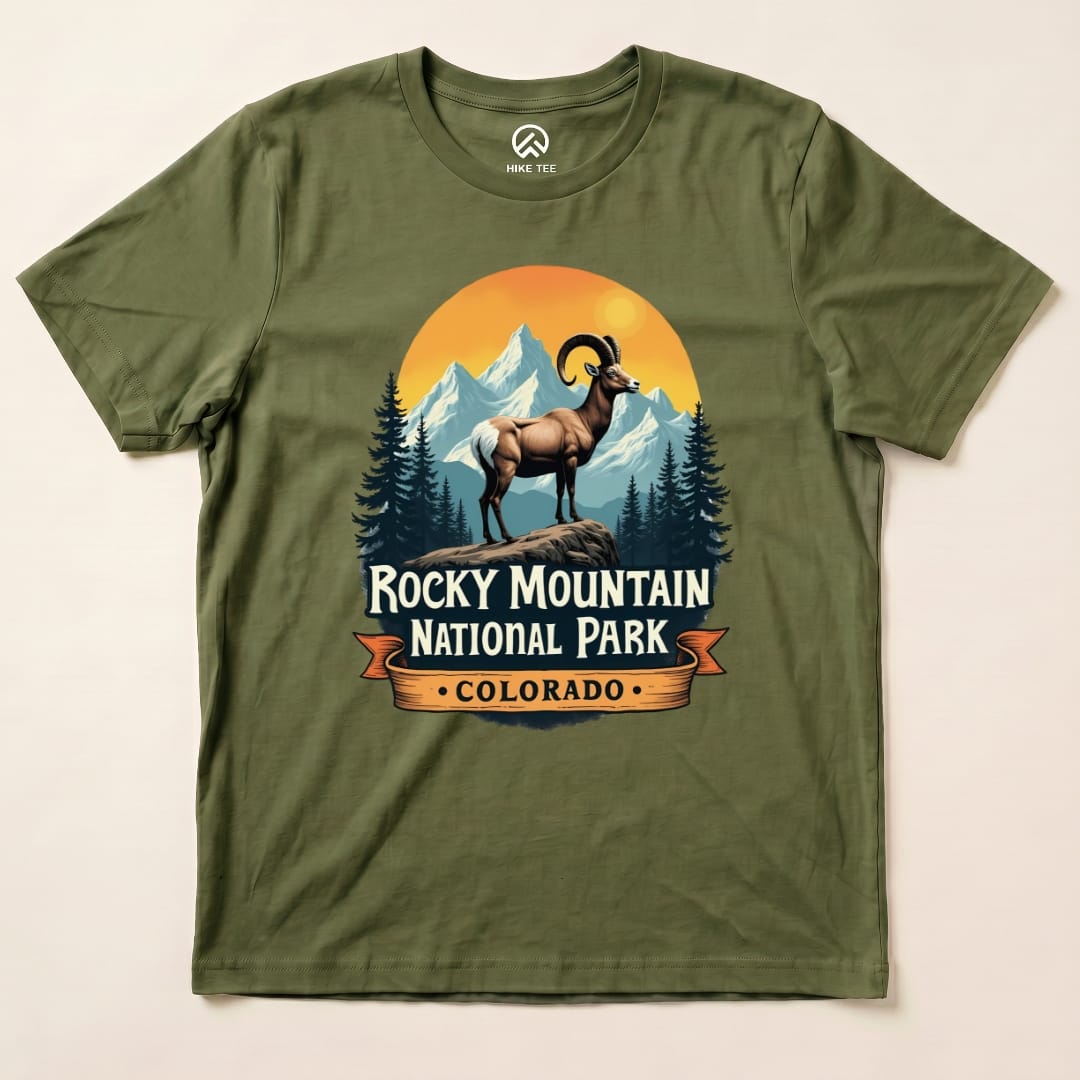 Hike Tee T-Shirt Military Green / S Rocky Mountains Bighorn Sheep Shirt