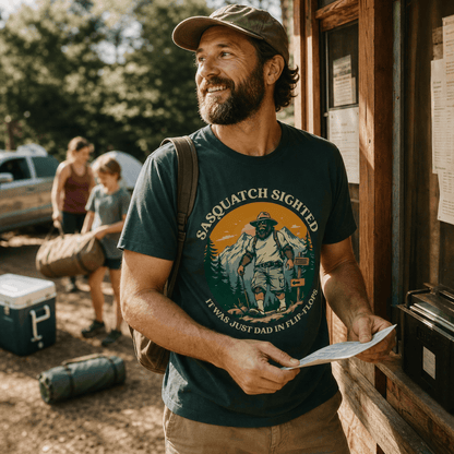 A man smiles while holding a map, wearing a graphic t-shirt that reads "Sasquatch in Flip Flops" with a hiker design.