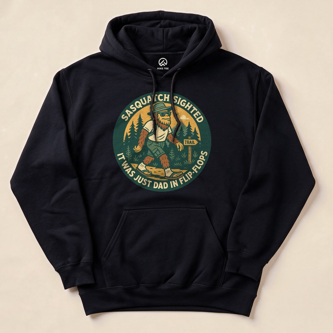 A black "Sasquatch Sighted Hoodie" features a humorous graphic of Sasquatch in flip-flops with the slogan, "It was just Dad in flip flops.