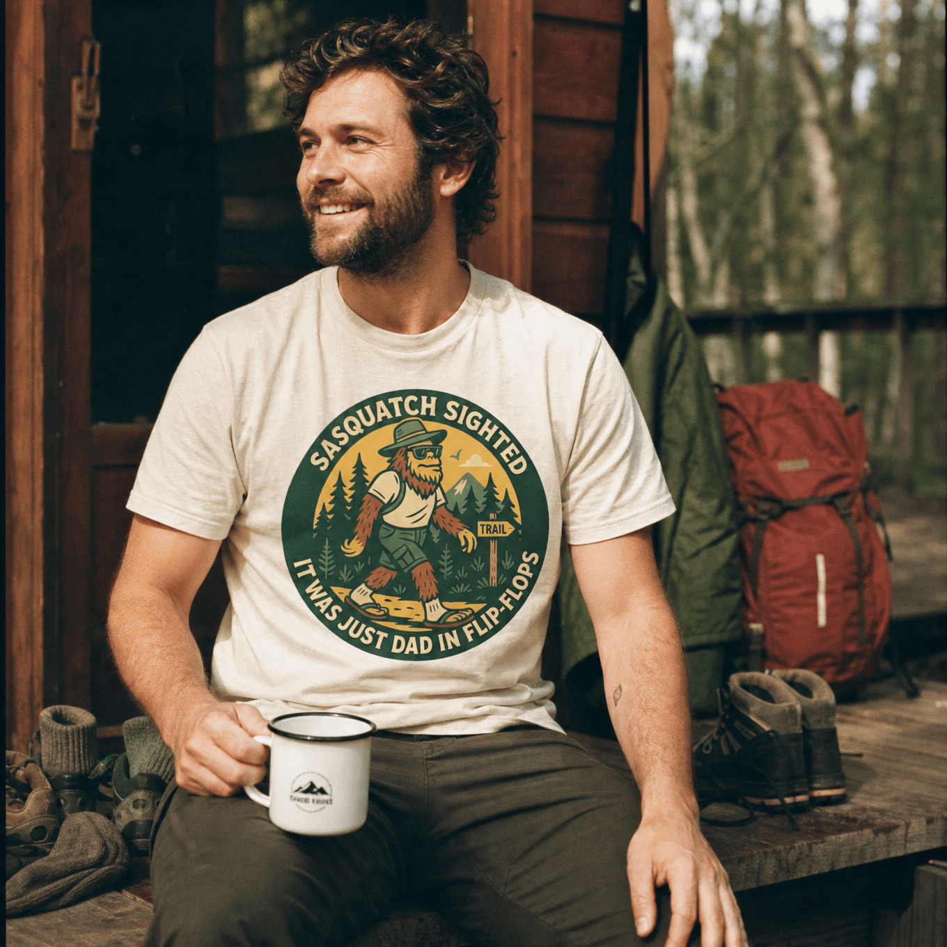 A man sits outdoors enjoying a drink, wearing a graphic t-shirt featuring the "Sasquatch Sighted Shirt" design with a humorous slogan.