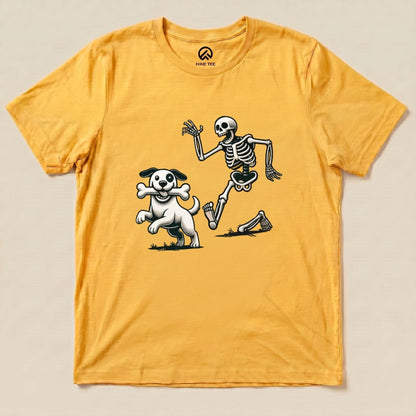 Skeleton and Dog Halloween Shirt Hike Tee T-Shirt Gold / S