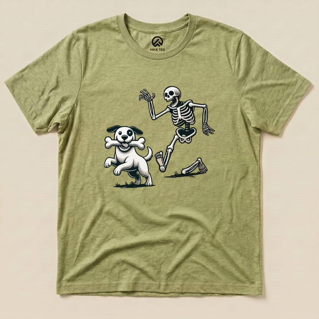 Skeleton and Dog Halloween Shirt Hike Tee T-Shirt Heather Green / S