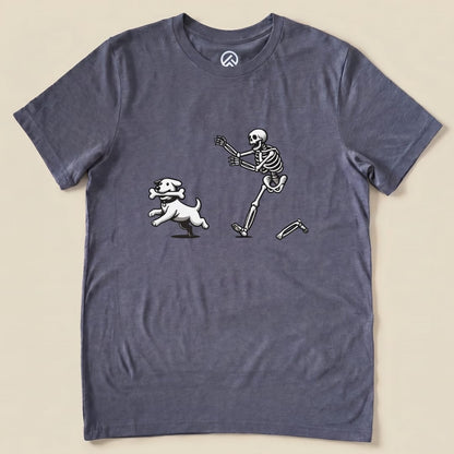 A graphic t-shirt featuring a playful skeleton running with a dog holding a bone, showcasing the "Skeleton and Dog Shirt" design.
