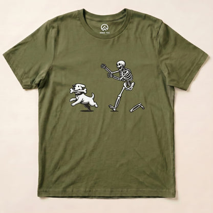 A graphic t-shirt featuring a playful skeleton and dog running together, showcasing the "Skeleton and Dog Shirt" design on an olive green background.
