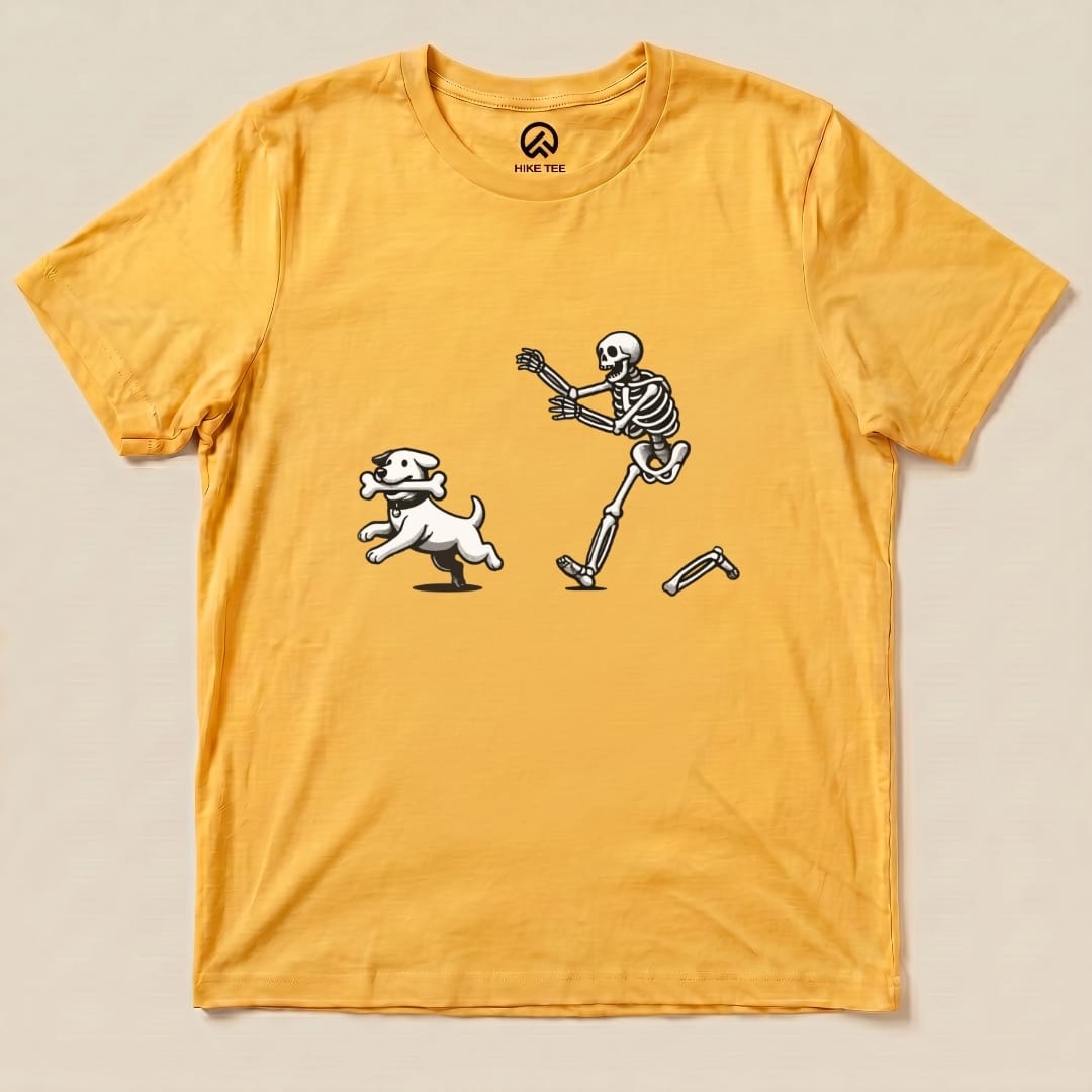 Skeleton Chasing Dog Shirt Hike Tee T-Shirt Gold / S