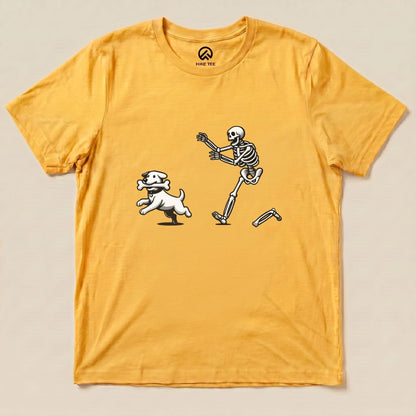 Skeleton Chasing Dog Shirt Hike Tee T-Shirt Gold / S