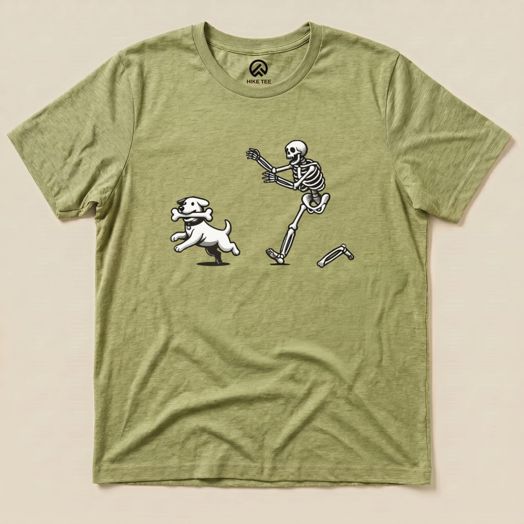Skeleton Chasing Dog Shirt Hike Tee T-Shirt Heather Green / S