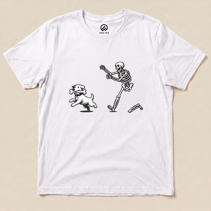 Skeleton Chasing Dog Shirt Hike Tee T-Shirt White / S