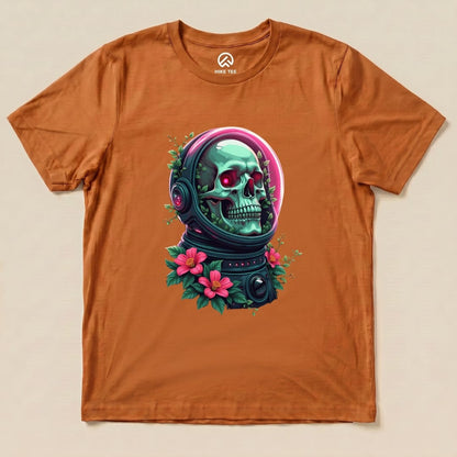 The graphic t-shirt features a vibrant "Skull in Flowers Shirt" design with a green skull in an astronaut helmet surrounded by pink flowers.
