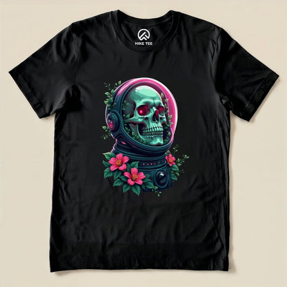 A graphic t-shirt featuring a colorful skull in an astronaut helmet surrounded by flowers and vibrant foliage, labeled "Skull in Flowers Shirt.