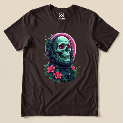 A graphic t-shirt featuring a vibrant skull in a space helmet surrounded by colorful flowers, titled "Skull in Flowers Shirt".