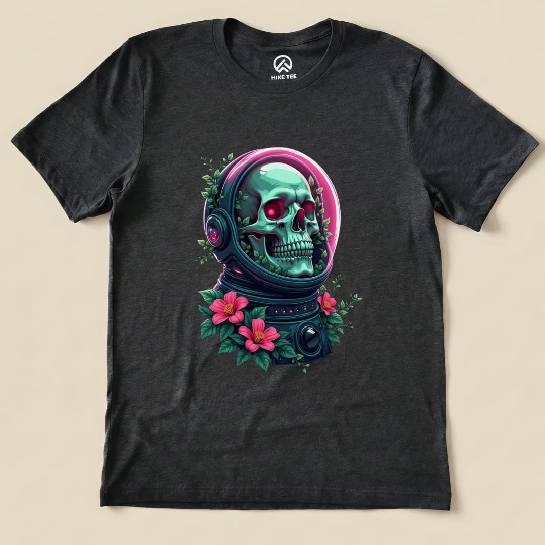 A graphic t-shirt featuring a colorful skull in an astronaut helmet surrounded by vibrant flowers, labeled as "Skull in Flowers Shirt.