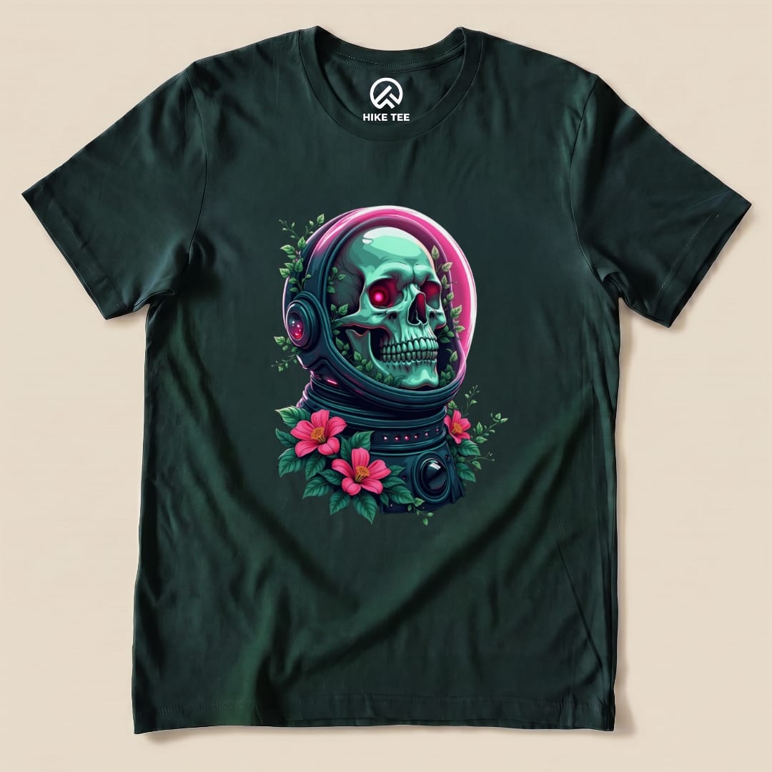 The "Skull in Flowers Shirt" features a vibrant graphic of a skull in a space helmet surrounded by colorful flowers on a dark t-shirt.