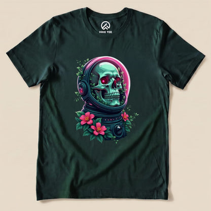 The "Skull in Flowers Shirt" features a vibrant graphic of a skull in a space helmet surrounded by colorful flowers on a dark t-shirt.