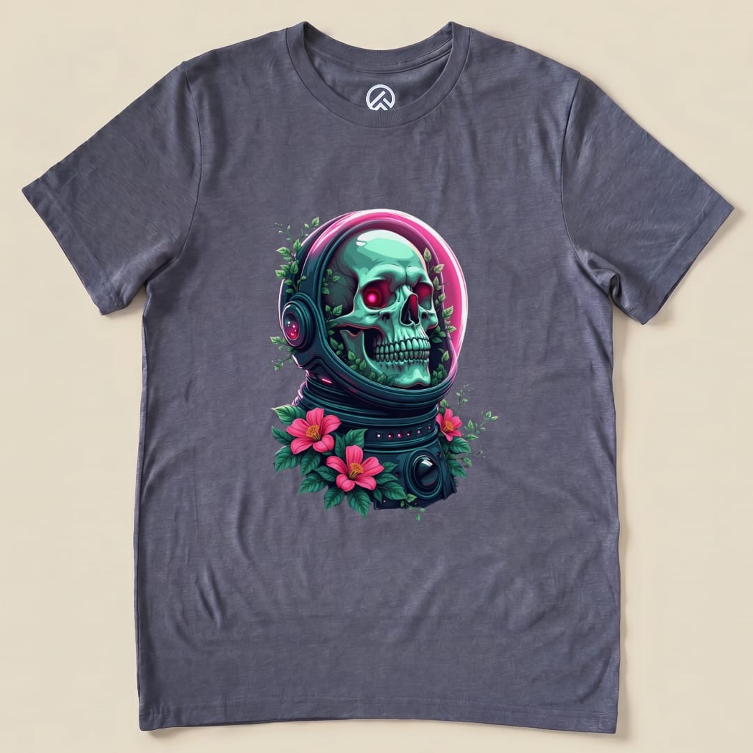 A graphic t-shirt featuring a vibrant skull encased in an astronaut helmet, surrounded by colorful flowers on a gray background.