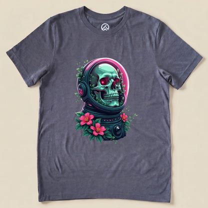 A graphic t-shirt featuring a vibrant skull encased in an astronaut helmet, surrounded by colorful flowers on a gray background.