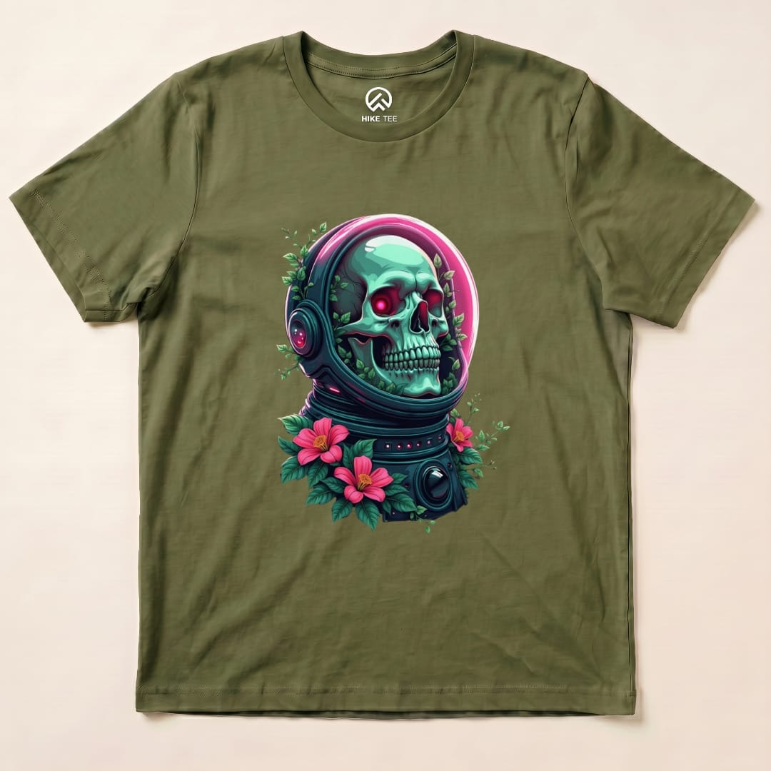 A graphic t-shirt featuring a vibrant skull in a space helmet surrounded by colorful flowers, titled "Skull in Flowers Shirt.