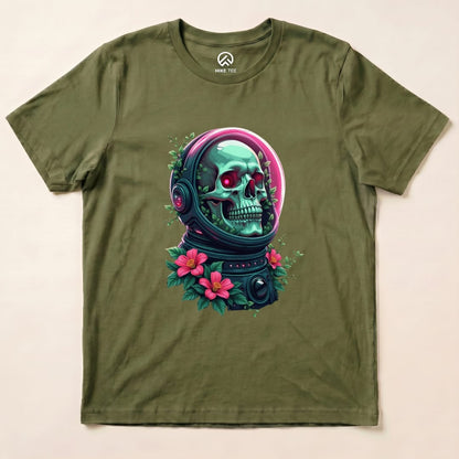 A graphic t-shirt featuring a vibrant skull in a space helmet surrounded by colorful flowers, titled "Skull in Flowers Shirt.