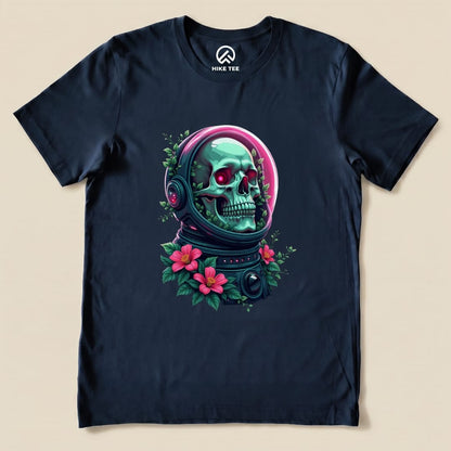 The graphic t-shirt features a vibrant skull wearing an astronaut helmet surrounded by colorful flowers in the "Skull in Flowers Shirt.